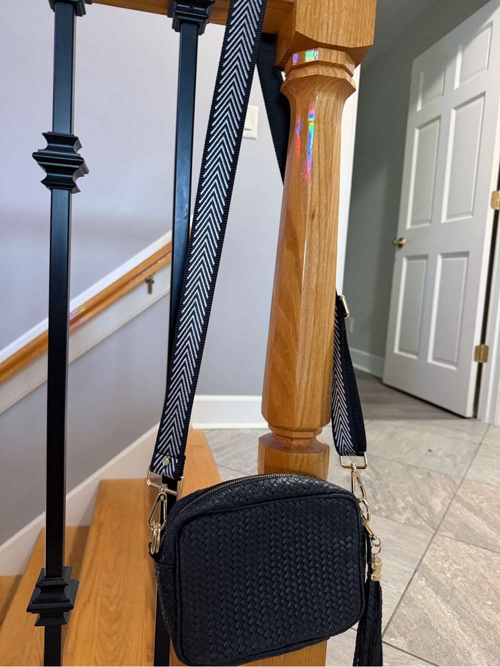 Black Woven Crossbody Bag with Chevron Strap - Women. Made in Italy